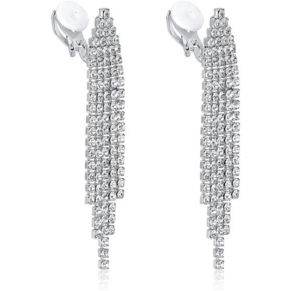 Dangling Earrings Silver Clip On Drop Tone (2.2inch -Triangle) Rhinestone